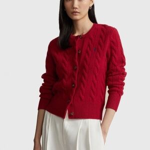 Polo Ralph Lauren Cable Knit Cardigan Red Wool Blend Button Womens XL